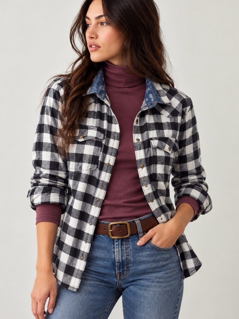 JACHS Girlfriend Black and White Buffalo Plaid Button-Down Shirt
